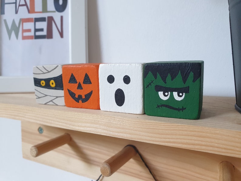 Halloween Wood Block Set, Wooden Tier Tray Cute Home Decor / Pumpkin, Ghost, Mummy & Frankenstein Sign image 4