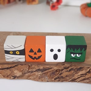 Halloween Wood Block Set, Wooden Tier Tray Cute Home Decor / Pumpkin, Ghost, Mummy & Frankenstein Sign image 6