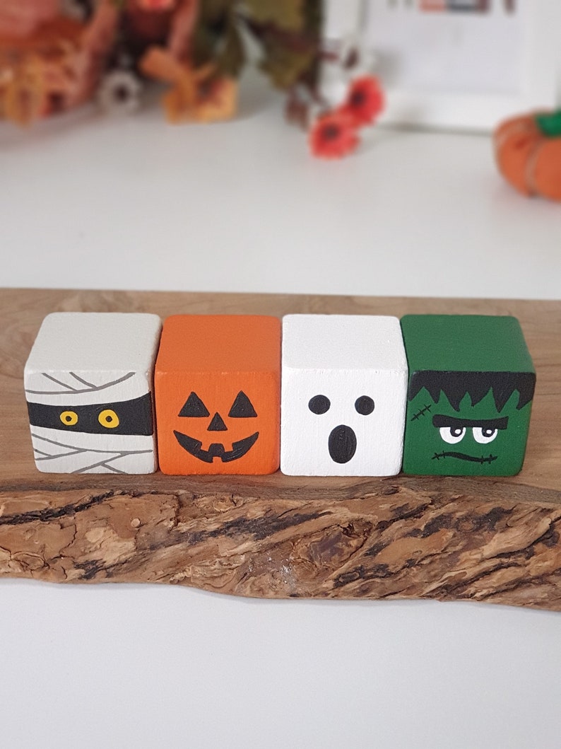 Halloween Wood Block Set, Wooden Tier Tray Cute Home Decor / Pumpkin, Ghost, Mummy & Frankenstein Sign image 6