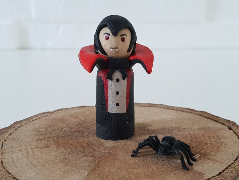 Halloween Peg Doll Set, Wooden Figurine Toys, Gift For Toddler Child / Dracula, Jack O'Lantern, Witch, Frankenstein Dracula