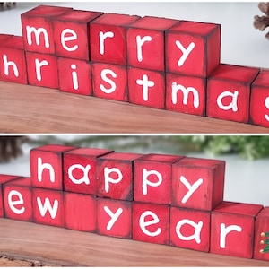 Christmas Wood Blocks Set, Wooden Tiered Tray Decor, Reversible Cubes Shelf Sitter Decor, Happy New Year Merry Christmas Sign