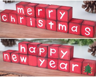 Juego de bloques de madera navideños, decoración de bandeja escalonada de madera, decoración de niñera de estante de cubos reversibles, letrero de Feliz Año Nuevo y Feliz Navidad