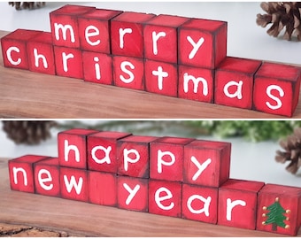 Christmas Wood Blocks Set, Wooden Tiered Tray Decor, Reversible Cubes Shelf Sitter Decor, Happy New Year Merry Christmas Sign