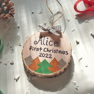 First Christmas Ornament, 1st Xmas Hanging Tree Decor, Personalized Wood Slice Baby Gift image 1