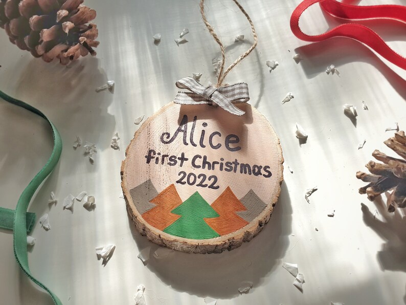 First Christmas Ornament, 1st Xmas Hanging Tree Decor, Personalized Wood Slice Baby Gift image 1