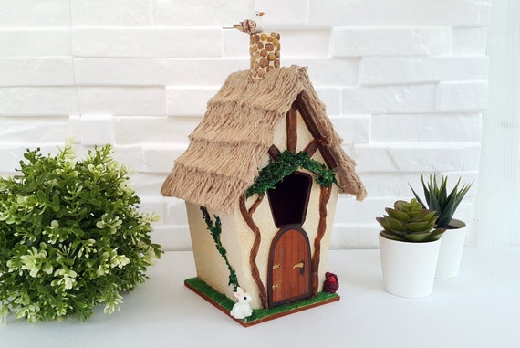 Snow White Cottage Garden Decor Wooden Cottage Birdhouse Etsy