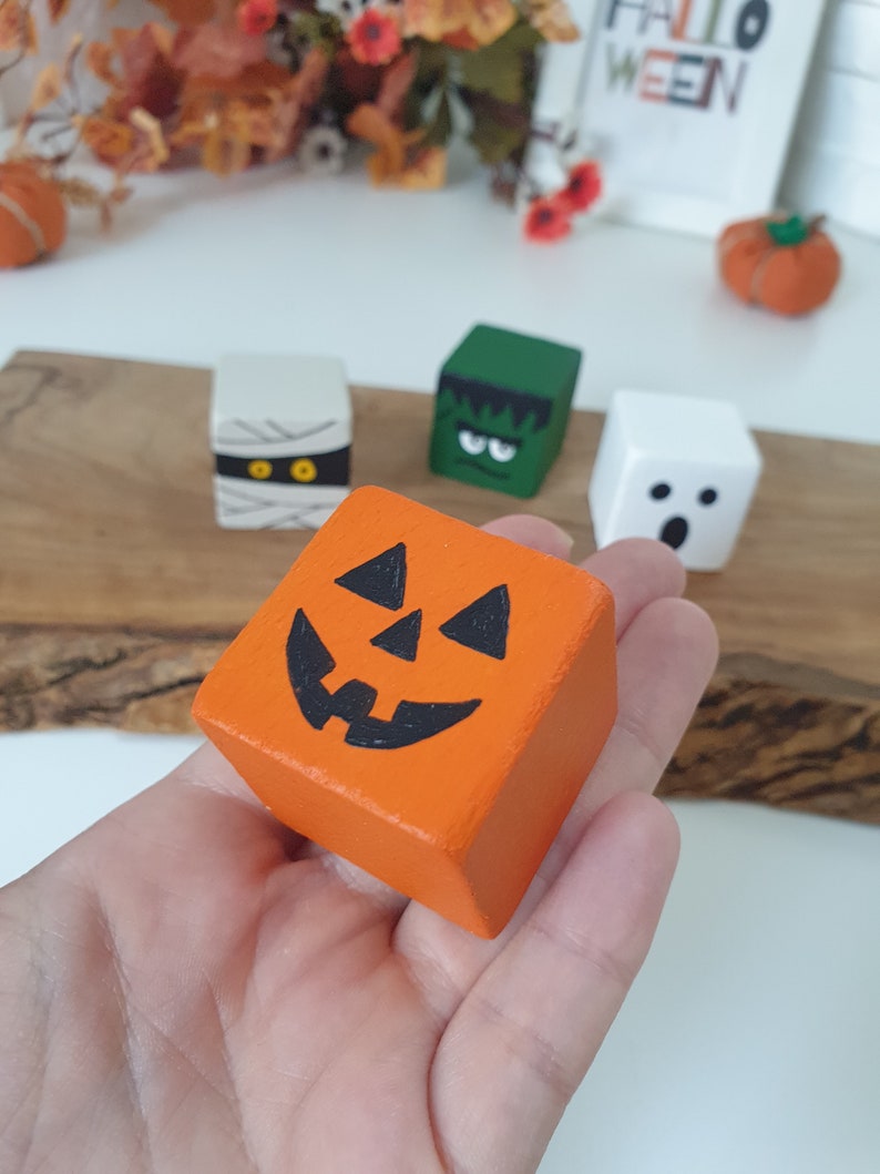 Halloween Wood Block Set, Wooden Tier Tray Cute Home Decor / Pumpkin, Ghost, Mummy & Frankenstein Sign image 3