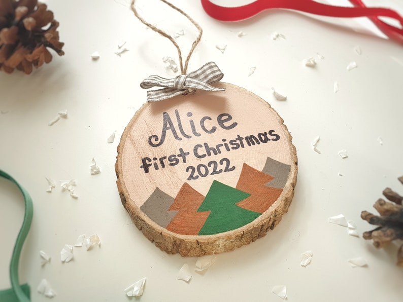 First Christmas Ornament, 1st Xmas Hanging Tree Decor, Personalized Wood Slice Baby Gift image 7