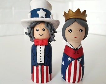 Uncle Sam Peg Doll, Lady Liberty Patriotic Wooden Figurine Set, Fourth of July Cake Topper, Independence Day Shelf Sitter Decor