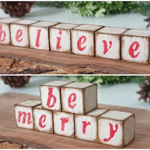 Be Merry Believe Sign Christmas Wooden Blocks, Reversible Sign Cubes Shelf Sitter Mantel or Nursery Decor