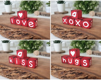 Valentines Day Signs Wooden Blocks Set Red Love Kiss Hugs Xoxo, Reversible Cubes Tiered Tray Decor