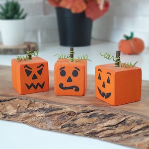 3 Pumpkin Face Wood Block Set, Halloween Home Decor, Wooden Sign for Fall Season