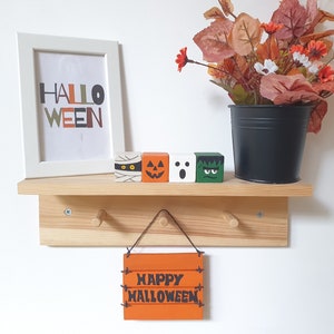 Halloween Wood Block Set, Wooden Tier Tray Cute Home Decor / Pumpkin, Ghost, Mummy & Frankenstein Sign image 5