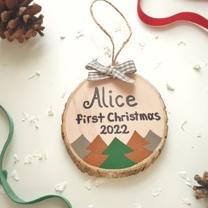 First Christmas Ornament, 1st Xmas Hanging Tree Decor, Personalized Wood Slice Baby Gift image 4
