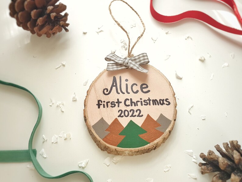 First Christmas Ornament, 1st Xmas Hanging Tree Decor, Personalized Wood Slice Baby Gift image 4