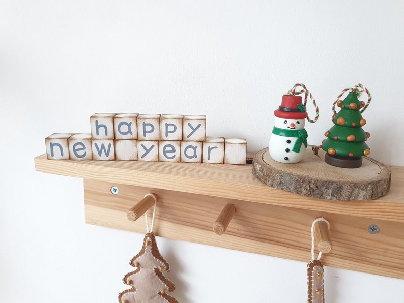 Merry Christmas & Happy New Year Reversible Wood Block Set for Tier Tray Decor image 1
