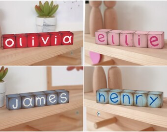 Wood Name Blocks, Custom Alphabet Letter Wooden Cubes, Baby Shower and Christening Gift, Personalized Tiered Tray and Shelf Sitter Decor
