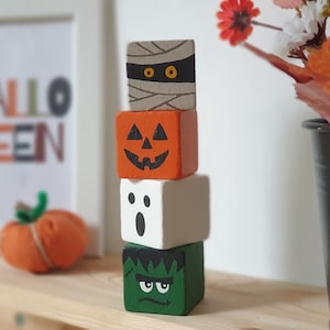 Halloween Wood Block Set, Wooden Tier Tray Cute Home Decor / Pumpkin, Ghost, Mummy & Frankenstein Sign image 1