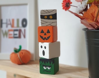 Juego de bloques de madera para Halloween, bandeja de madera de varios niveles, bonita decoración para el hogar, letrero de calabaza, fantasma, momia y Frankenstein