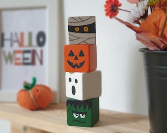 Halloween Wood Block Set, Wooden Tier Tray Cute Home Decor / Pumpkin, Ghost, Mummy & Frankenstein Sign