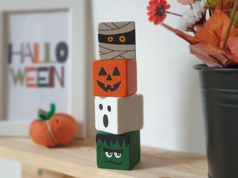 Halloween Wood Block Set, Wooden Tier Tray Cute Home Decor / Pumpkin, Ghost, Mummy & Frankenstein Sign image 1