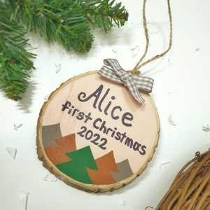 First Christmas Ornament, 1st Xmas Hanging Tree Decor, Personalized Wood Slice Baby Gift image 5