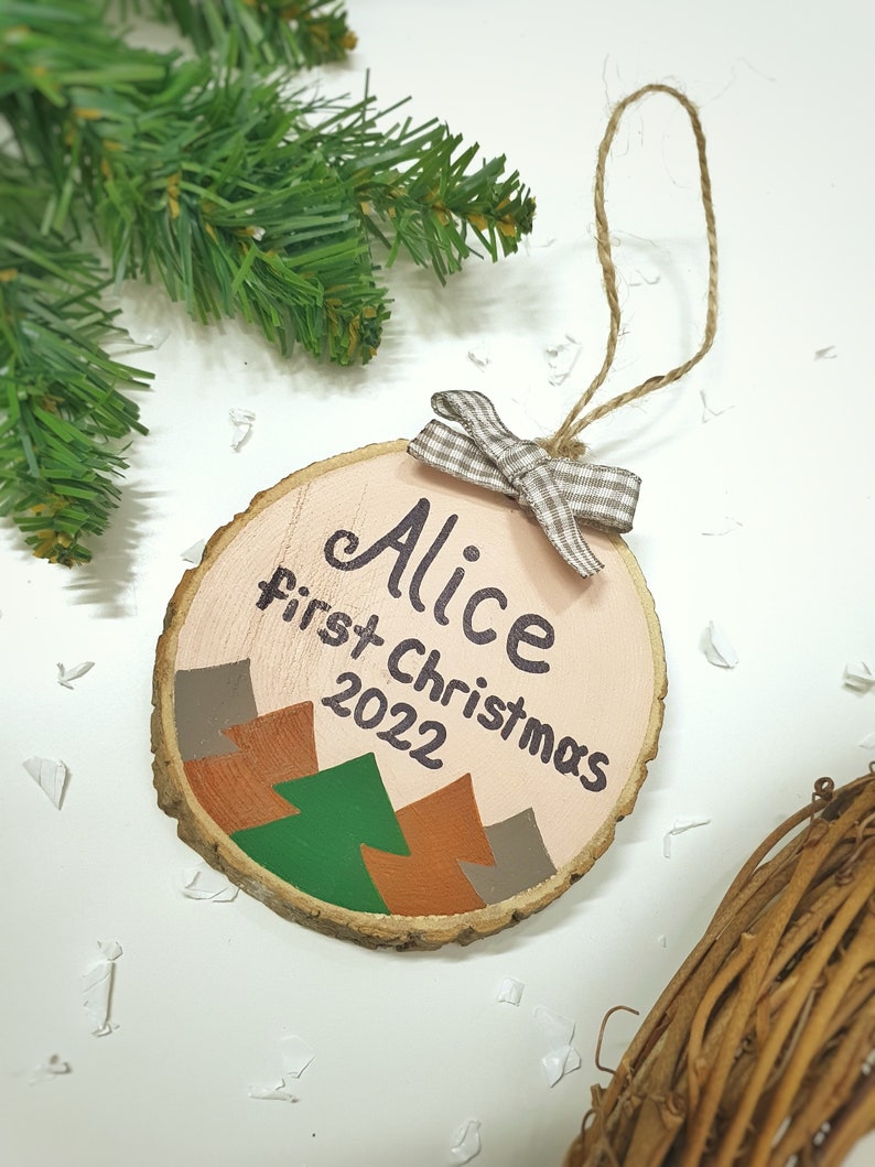 First Christmas Ornament, 1st Xmas Hanging Tree Decor, Personalized Wood Slice Baby Gift image 5