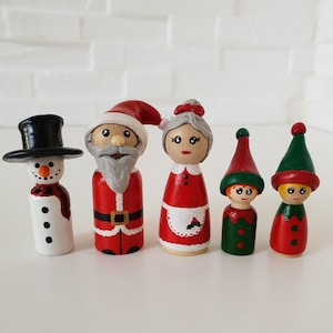 Christmas Wooden Peg Doll Figurine Xmas Santa Claus Family Cake Topper or Gift