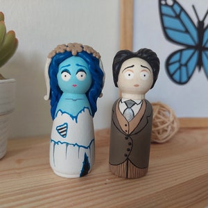 Corpse Bride Peg Doll Couple Set, Valentine Day Cake Topper & Tier Tray Decor, Gift For Tim Burton Fan, Collectible Creepy Spooky Horror Toy