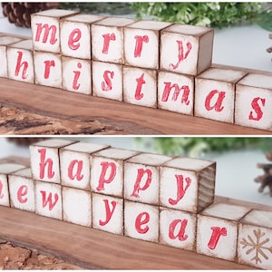 Conjunto de bloques de madera de Feliz Navidad, decoración de bandeja escalonada de madera, cubos de letras reversibles, signo de Feliz Navidad de Feliz Año Nuevo