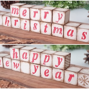 Merry Christmas Wooden Blocks Set, Wood Tiered Tray Decor, Reversible Letter Cubes, Happy New Year Merry Christmas Sign