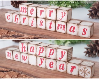 Merry Christmas Wooden Blocks Set, Wood Tiered Tray Decor, Reversible Letter Cubes, Happy New Year Merry Christmas Sign