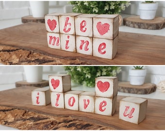 Valentine Wood Blocks Be Mine Sign Decor, Reversible Tiered Tray Decor, I Love You Written Shelf Sitter Decor for Wedding