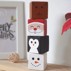 Christmas Wood Block Set, Wooden Tier Tray Cute Home Decor / Santa Claus, Snowman, Reindeer & Penguin Xmas Sign
