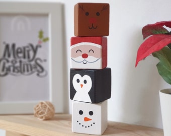 Christmas Wood Block Set, Wooden Tier Tray Cute Home Decor / Santa Claus, Snowman, Reindeer & Penguin Xmas Sign