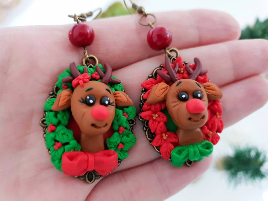 Christmas Reindeer Earrings Rudolph Jewelry, Polymer Clay Animal