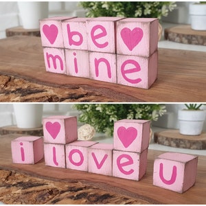 Valentines Day Wood Blocks Gift for Couple, Reversible Pink Ornament, 14 February Shelf Sitter Decor, Be Mine & I Love You