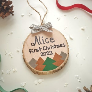 First Christmas Ornament, 1st Xmas Hanging Tree Decor, Personalized Wood Slice Baby Gift image 6