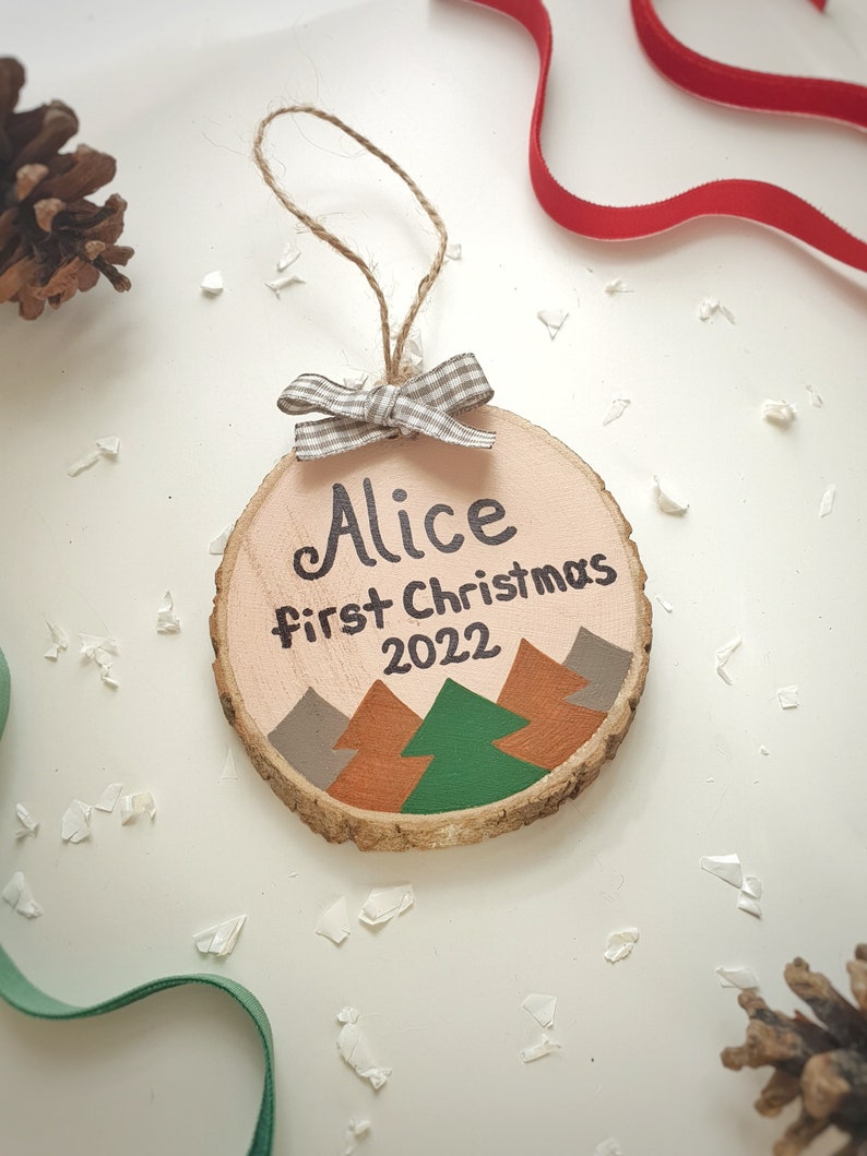 First Christmas Ornament, 1st Xmas Hanging Tree Decor, Personalized Wood Slice Baby Gift image 6