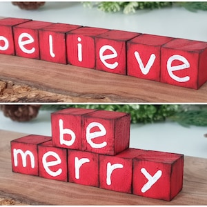 Christmas Sign Wood Blocks Set, Wooden Tiered Tray Decor, Reversible Block as a Christmas Gift, Be Merry & Believe Sign