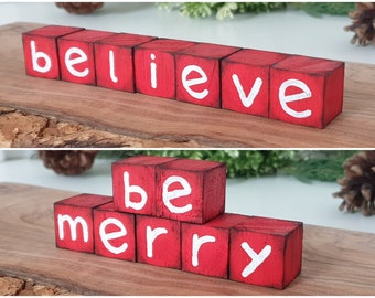 Christmas Sign Wood Blocks Set, Wooden Tiered Tray Decor, Reversible Block as a Christmas Gift, Be Merry & Believe Sign