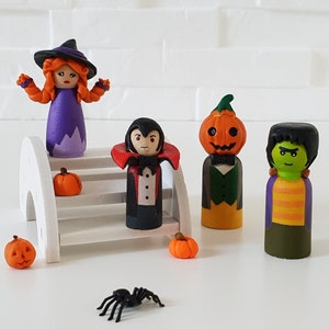 Halloween Peg Doll Set, Wooden Figurine Toys, Gift For Toddler Child / Dracula, Jack O'Lantern, Witch, Frankenstein image 1