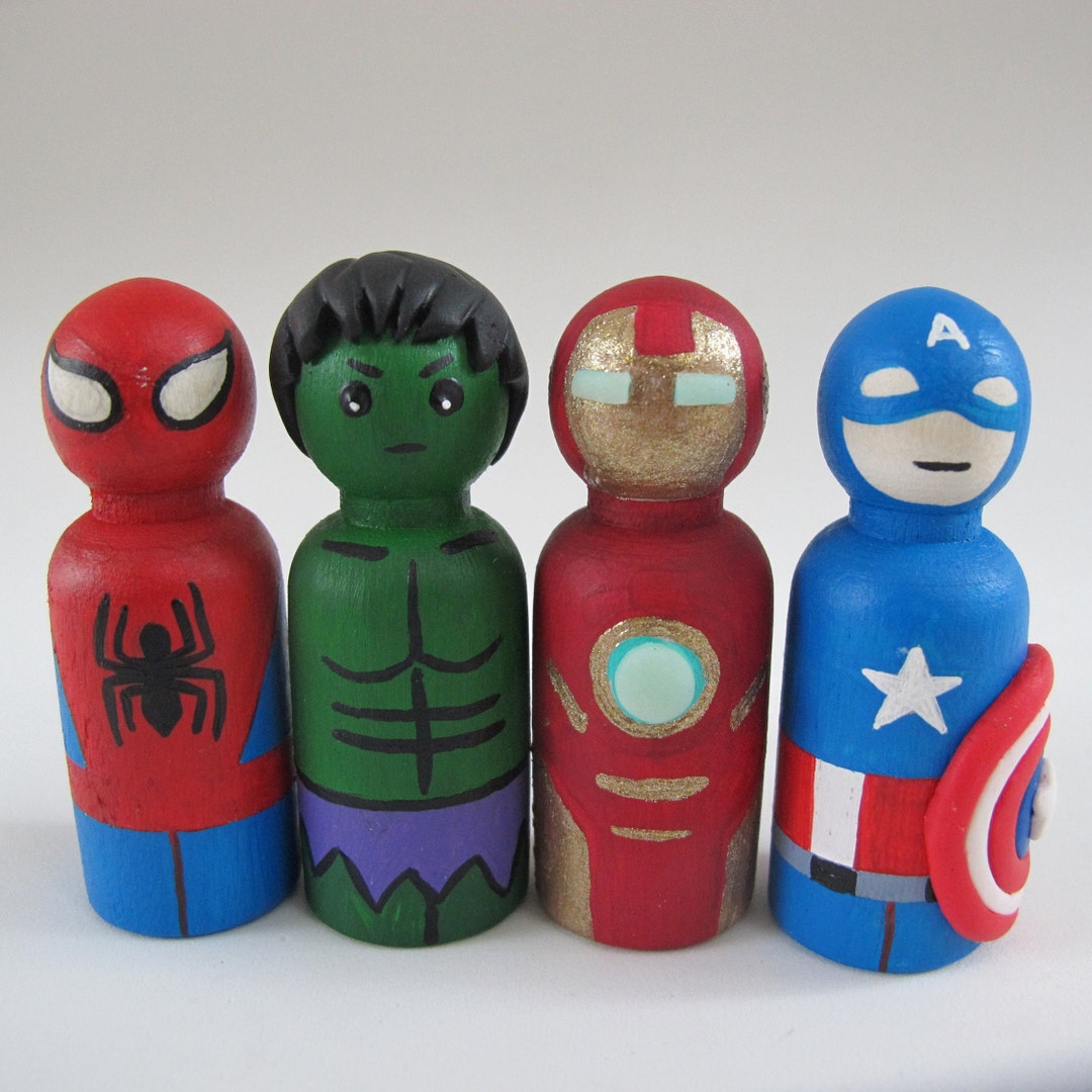 Marvel Avengers Inspired Peg Dolls, Man Cave Decor, Fathers Day Gift,  Superhero Toy Cake Topper Iron Man, Captain America, Hulk, Spiderman 
