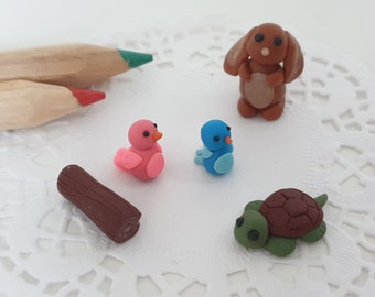 Miniature Animal Doll House Supply, Handmade Polymer Clay Miniature Figurine 1:12 Scale, DIY Fairy Terrarium Decor, Turtle, Rabbit and Birds