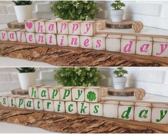 Omkeerbare St. Patrick's Valentine-houtblokken, gelaagd dienblad en plankdecoratie, Happy Valentines Day en Happy St. Patricks-borden