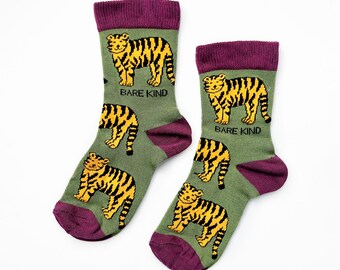 Kids Tiger Socks, Bamboo Tiger Socks, Dark Green Bamboo Socks, Stocking Fillers, Animal Lover Gifts, Birthday Gifts, Christmas Gifts