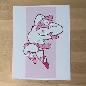 May include: A pink and white illustration of a person wearing a pink tutu and pink ballet shoes. The person has a pink beard and a pink butterfly on their shoulder.