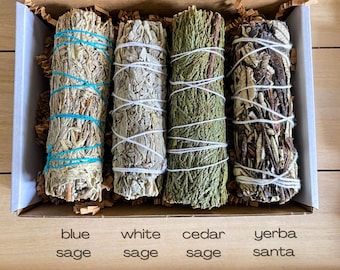 Spiritual Cleansing Smudging Kit with Blue Sage, Palo Santo, Cedar Sage, White Sage Smudge Sticks, Cleanse and Protect, Bundle Assortment