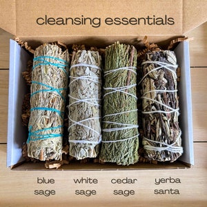 Spiritual Cleansing Smudging Kit with Blue Sage, Palo Santo, Cedar Sage, White Sage Smudge Sticks, Cleanse and Protect, Bundle Assortment