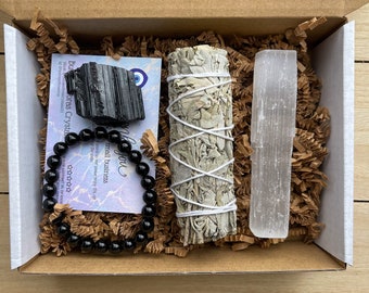 Protection Crystal Set For Beginners, Black Obsidian Bracelet, Black Tourmaline Crystal Sage Smudge Kit for New Home Cleansing Ritual Tools
